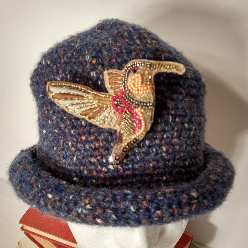 Vintage Hummingbird Quilted Beaded Brooch Pin